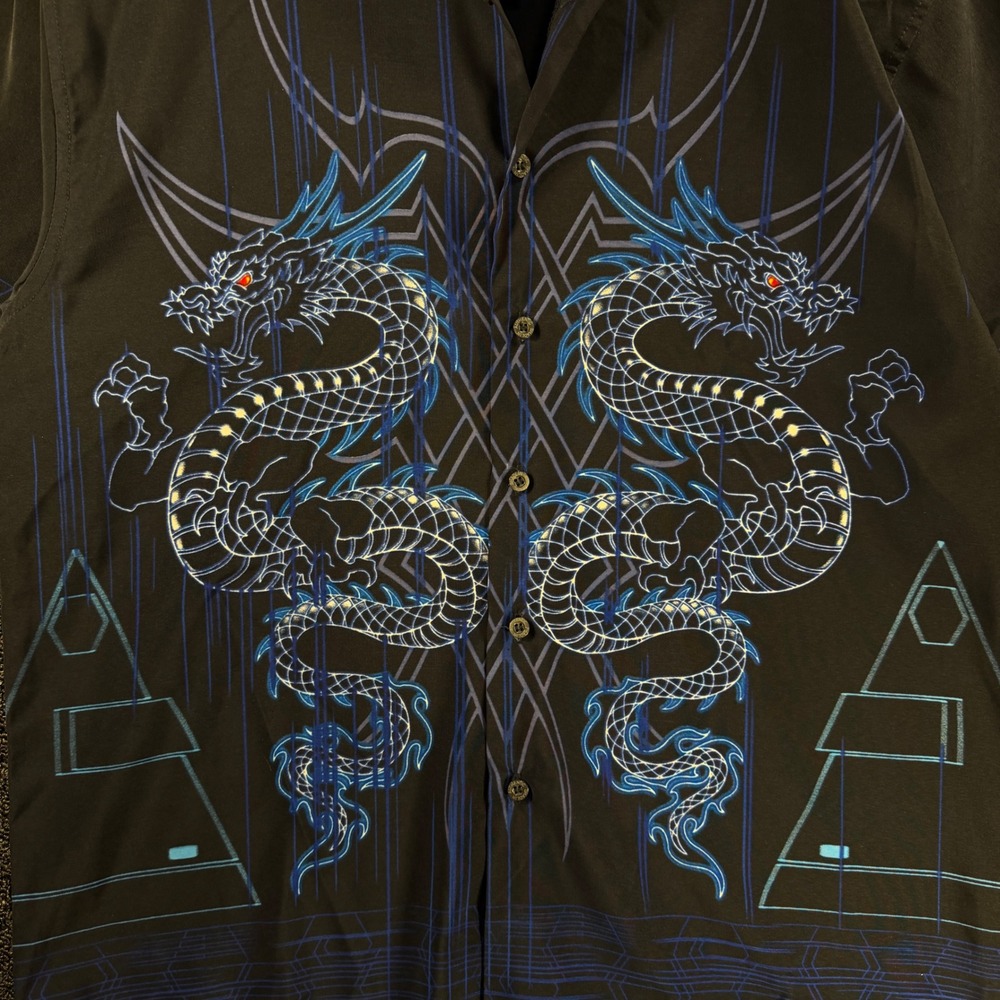 Authentic Shaolin Button Down Shirt Youth XL/18 Adult M Retro Tribal Dragon Y2K - Picture 2 of 7
